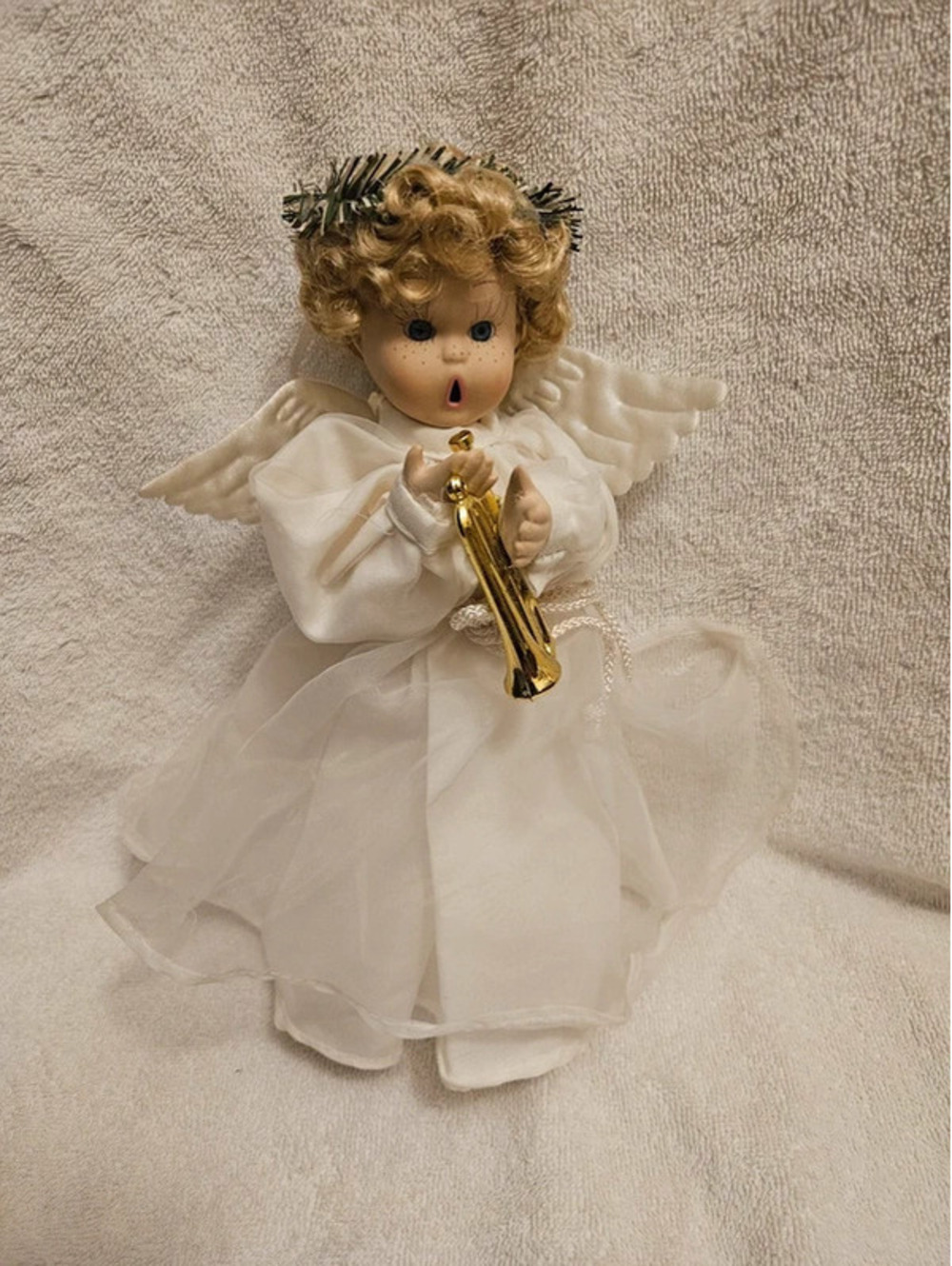 Vintage Christmas Angel Doll Trumpet Blonde Curly Hair White Gown 10" Holiday